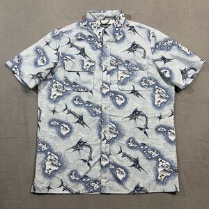 Chaps Hawaiian Shirt Mens M Blue Button Down Fishing Islands Swordfish‎ Skeleton